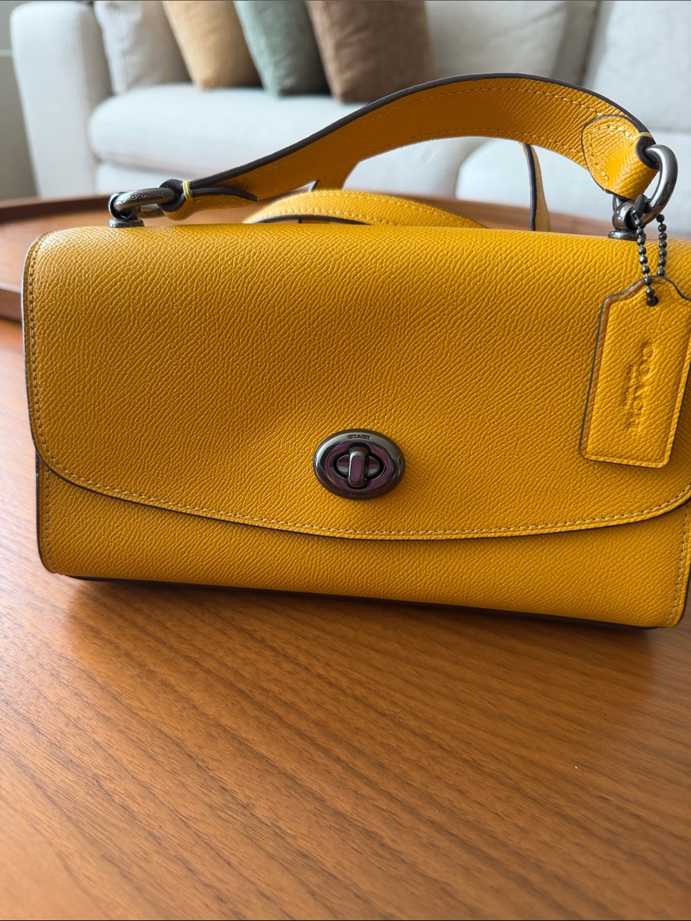 Coach Pebbled Leather Turnlock Satchel - Yellow